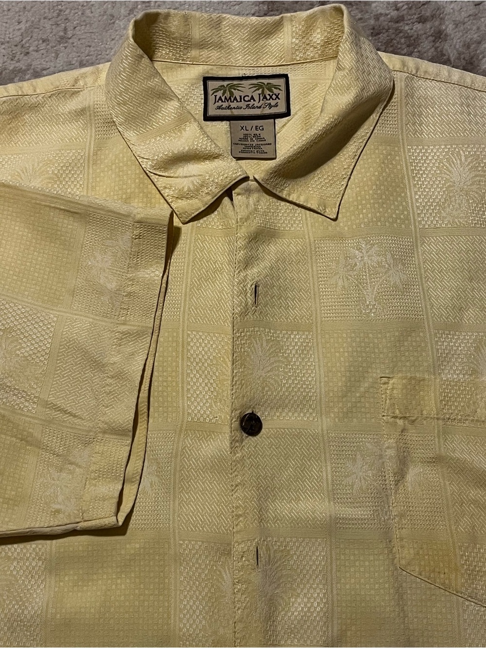 Jamaica Jaxx Mens XL Yellow 100% Silk Jacquard Palm Tree Hawaiian Camp Shirt XL